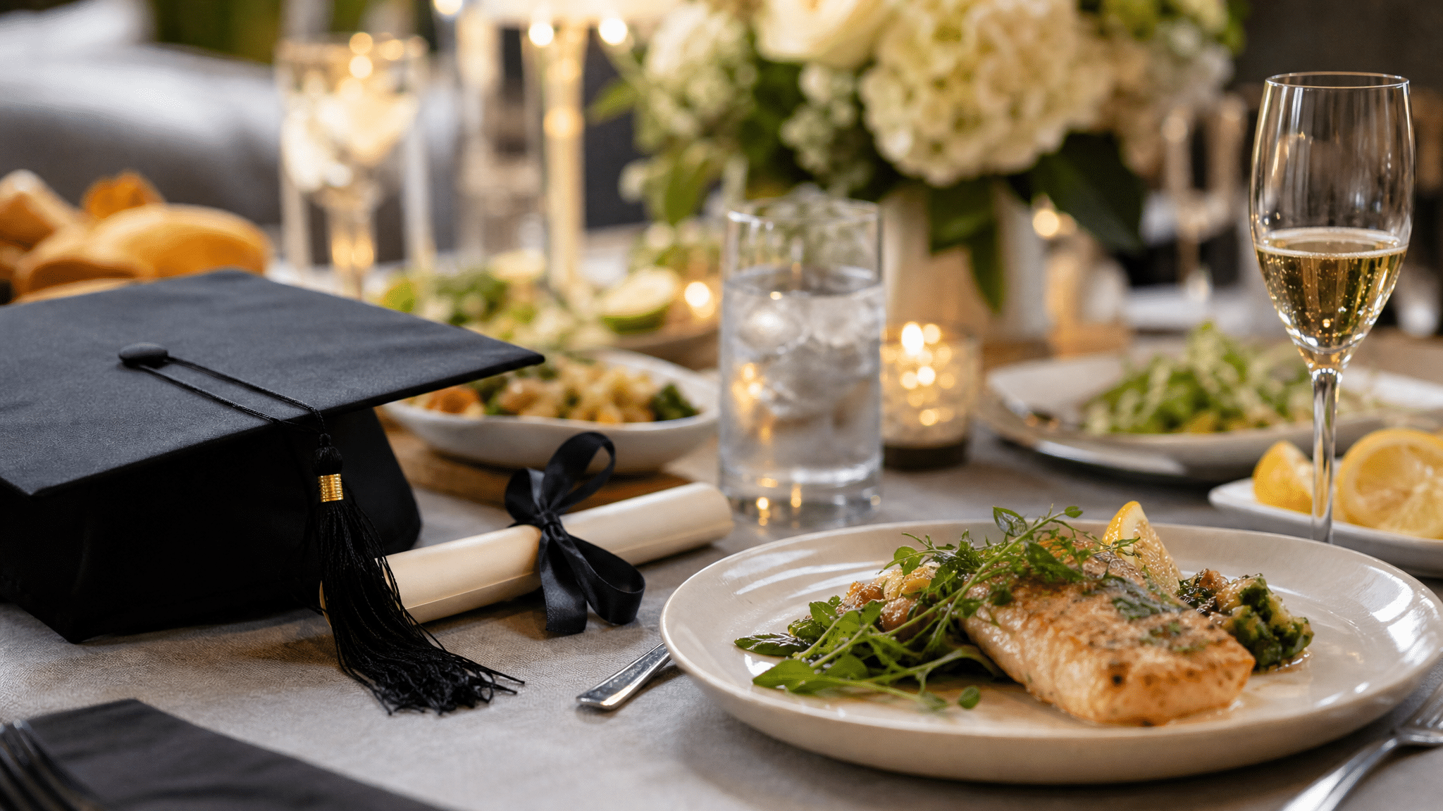 Elegant graduation dinner setting at The Refuge with graduation cap, diploma, salmon entrée, and champagne surrounded by candlelight and white floral arrangements