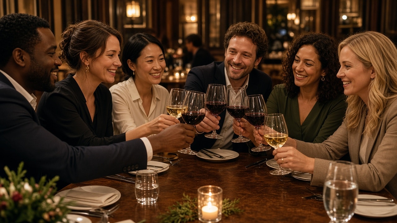 Coworkers raising glasses at a holiday group dinner in a private dining room at The Refuge in Melville